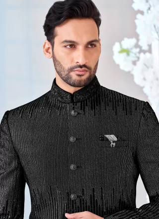 Black Velvet Embroidered Work Sherwani Mens Wear