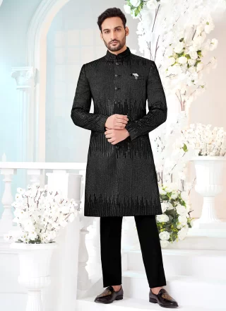 Black Velvet Embroidered Work Sherwani Mens Wear