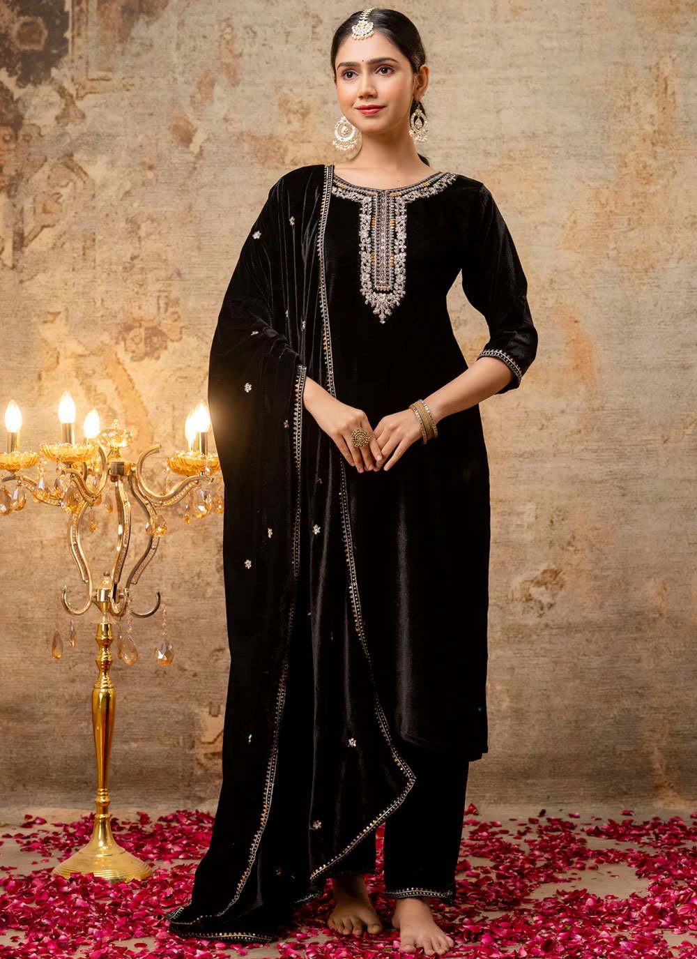 Shop Online Black Velvet Readymade Salwar Suit with 310491