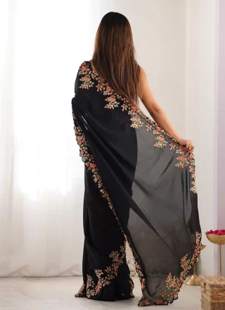 Black Vichitra Silk Classic Sari with Embroidered, Multi, Sequins and Thread Work for Casual