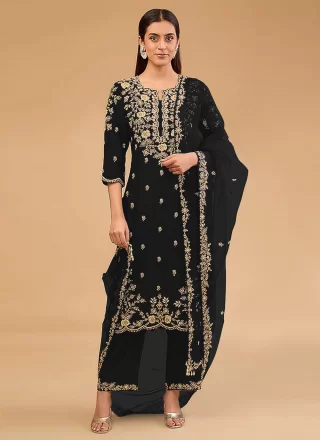 Black Vichitra Silk Pant Style Suit with Embroidered and Zari Work for Casual