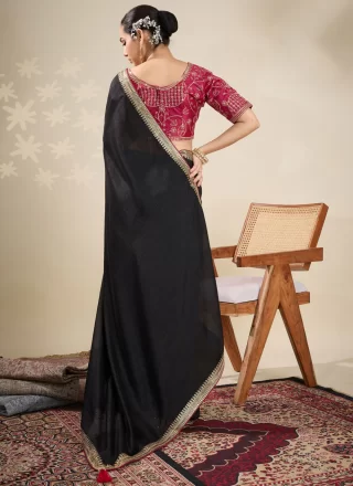 Black Vichitra Silk Traditional Saree with Patch Border, Sequins and Zari Work