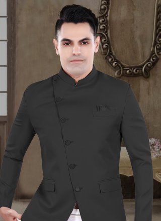 Black Viscose Buttons and Plain Work Jodhpuri Suit for Ceremonial