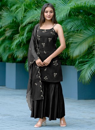 Black Viscose Floral Patch Work Sharara Set