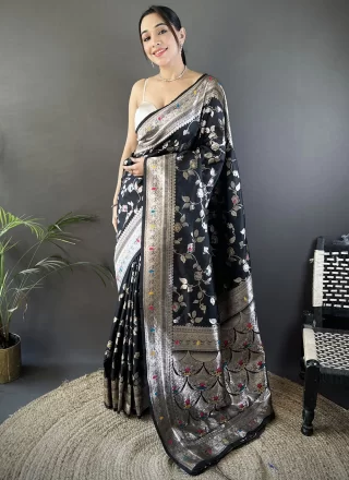 Black Weaving and Zari Work Banarasi Silk Contemporary Sari