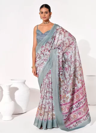 Blended Cotton Classic Sari In Grey