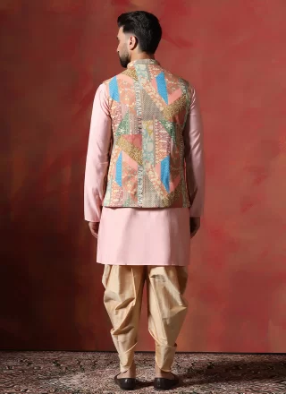 Blended Cotton Kurta Payjama with Jacket In Beige and Pink