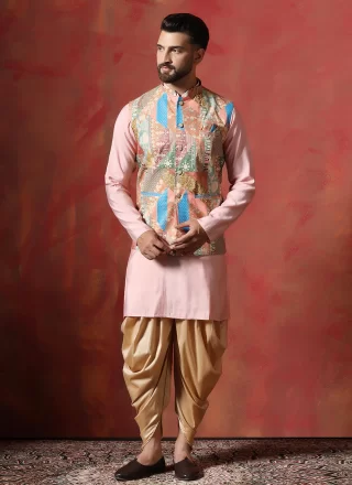 Blended Cotton Kurta Payjama with Jacket In Beige and Pink