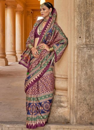 Block Print and Paisley Print Work Silk Designer Sari In Burgundy