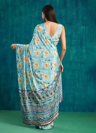 Blooming Aqua Blue Crepe Silk Contemporary Sari with Digital Print Work