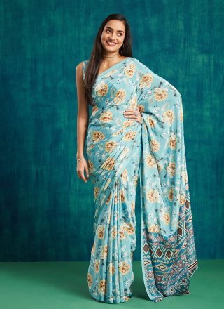 Blooming Aqua Blue Crepe Silk Contemporary Sari with Digital Print Work