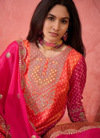 Blooming Magenta and Orange Chinon Readymade Salwar Suit