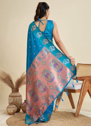 Blue and Firozi Silk Classic Saree with Weaving Work for Ceremonial