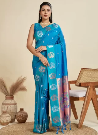 Blue and Firozi Silk Classic Saree with Weaving Work for Ceremonial