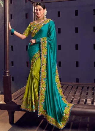 Blue and Green Silk Traditional Saree with Cut, Embroidered, Jacquard, Thread and Zari Work for Women