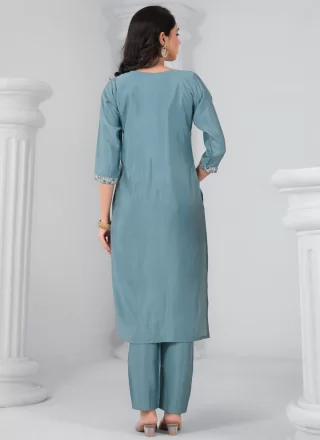 Blue and Grey Chanderi Embroidered, Stone and Zari Work Salwar Suit for Casual