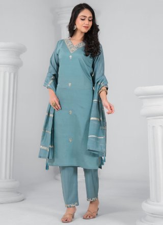 Blue and Grey Chanderi Embroidered, Stone and Zari Work Salwar Suit for Casual