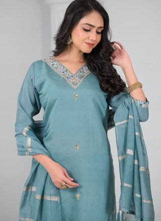 Blue and Grey Chanderi Embroidered, Stone and Zari Work Salwar Suit for Casual