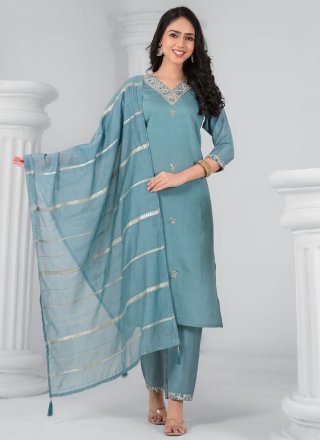 Blue and Grey Chanderi Embroidered, Stone and Zari Work Salwar Suit for Casual