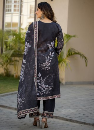 Blue and Grey Chinon Digital Print and Hand Work Salwar Suit