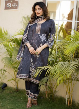 Blue and Grey Chinon Digital Print and Hand Work Salwar Suit