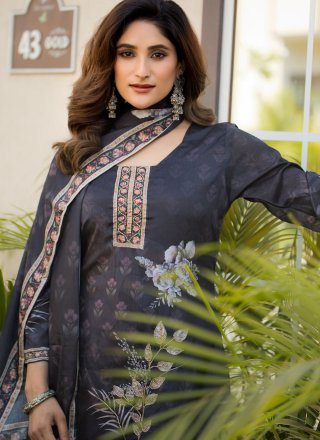 Blue and Grey Chinon Digital Print and Hand Work Salwar Suit