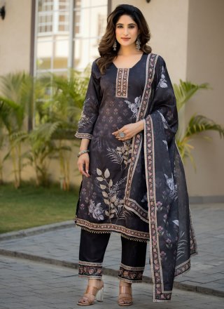 Blue and Grey Chinon Digital Print and Hand Work Salwar Suit