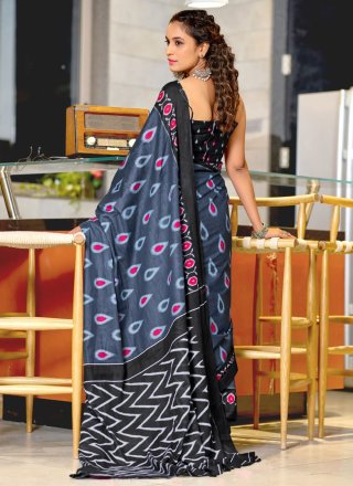 Blue and Grey Cotton Classic Sari with Print Work