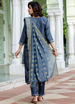 Blue and Grey Cotton Embroidered and Zari Work Readymade Style