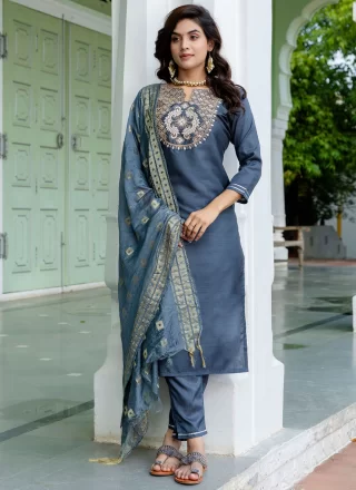 Blue and Grey Cotton Embroidered and Zari Work Readymade Style
