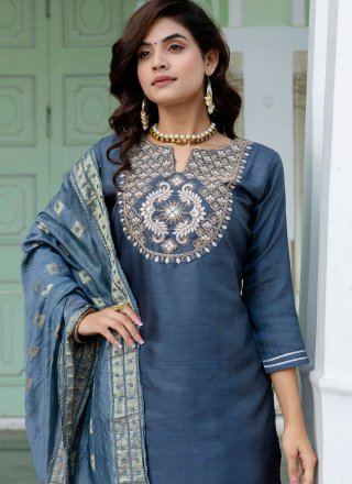 Blue and Grey Cotton Embroidered and Zari Work Readymade Style