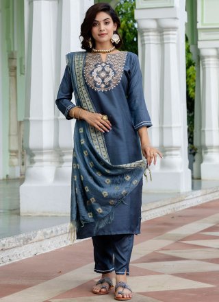 Blue and Grey Cotton Embroidered and Zari Work Readymade Style