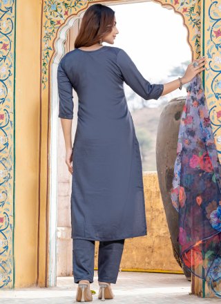 Blue and Grey Embroidered Work Silk Salwar Suit
