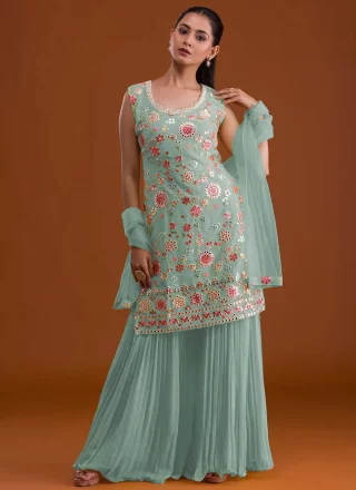 Blue and Grey Faux Georgette Salwar Suit