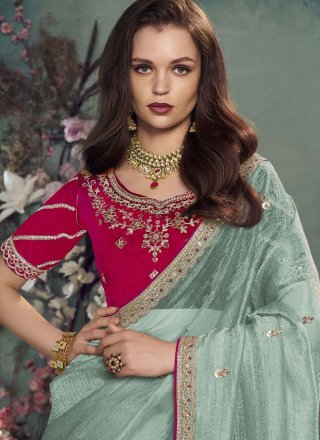 Blue and Grey Organza Classic Saree with Booti, Cord, Embroidered, Sequins and Zari Work for Women