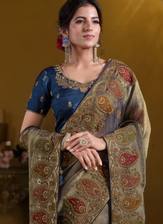 Blue and Grey Organza Contemporary Saree with Embroidered, Sequins, Stone, Thread and Zari Work for Women