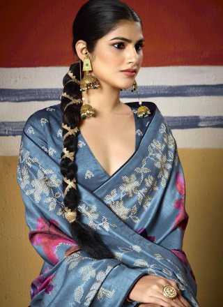 Blue and Grey Silk Print Work Classic Sari for Ceremonial