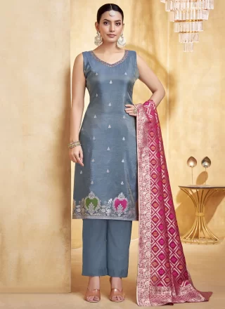 Blue and Grey Silk Readymade Salwar Suit with Embroidered and Jacquard Work