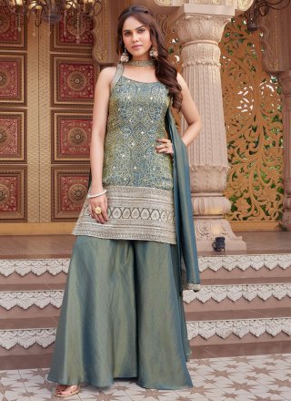 Blue and Grey Silk Salwar Suit