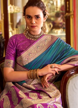 Blue and Morpeach Silk Weaving Work Trendy Saree