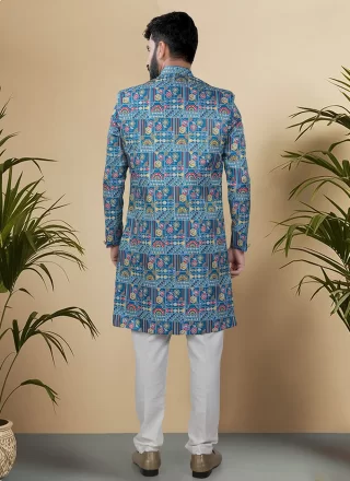 Blue and Multi Colour Silk Embroidered, Sequins and Thread Work Indo Western for Ceremonial