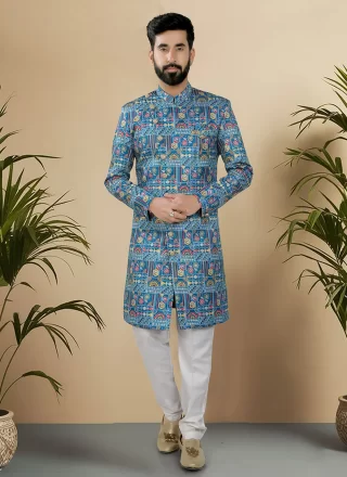Blue and Multi Colour Silk Embroidered, Sequins and Thread Work Indo Western for Ceremonial