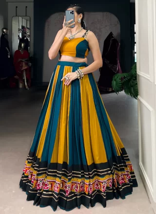 Blue and Mustard Lace and Print Work Rayon Readymade Lehenga Choli