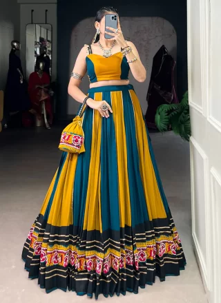 Blue and Mustard Lace and Print Work Rayon Readymade Lehenga Choli