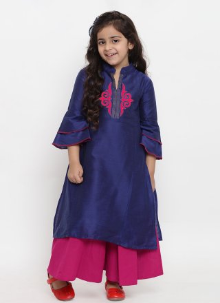 Blue and Pink Dupion Silk Designer Kurti with Embroidered Work for Kid