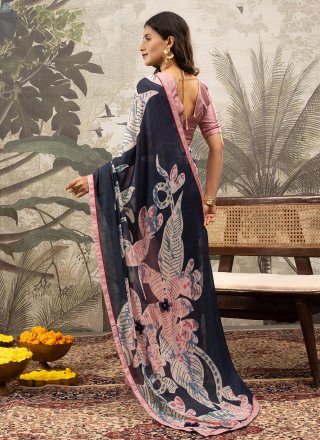 Blue and Pink Pure Crepe Contemporary Saree with Patch Border and Print Work