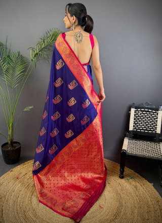 Blue and Purple Banarasi Silk Weaving Work Contemporary Saree for Ceremonial