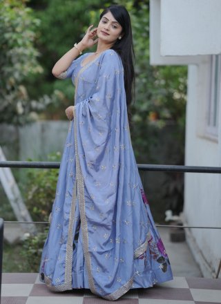 Blue and Purple Chinon Lehenga Choli with Embroidered, Floral Patch and Zari Work