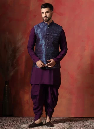 Blue and Purple Jacquard Dhoti Kurta with Embroidered Work