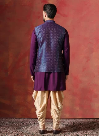 Blue and Purple Jacquard Kurta Payjama with Jacket with Embroidered Work for Ceremonial
